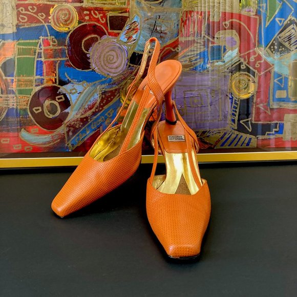 Timothy Hitsman Shoes - Vintage Timothy Hitsman Orange Leather Square Toe Sling Backs 4" Heels Sz 9.5